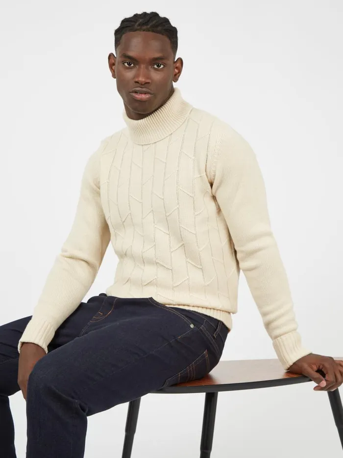 Ben Sherman Sweaters and Knits Men Patterned Knit RollNeck Sweater 8211 Ivory