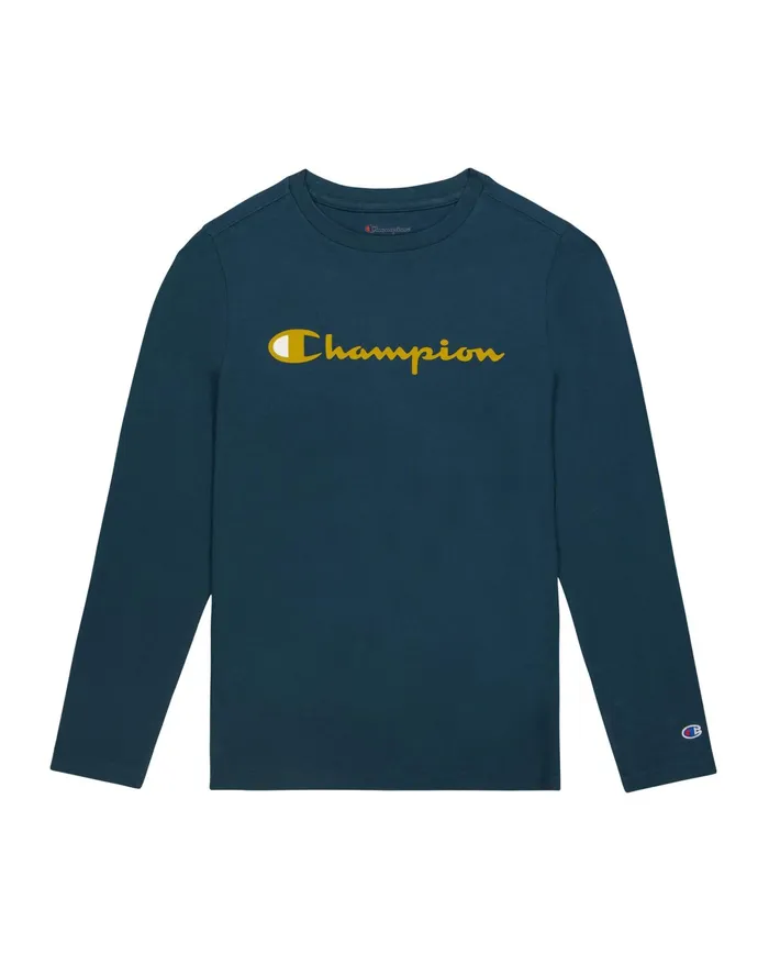 Big Kids LongSleeve TShirt Script Logo Metallic Teal Kids Champion TShirts
