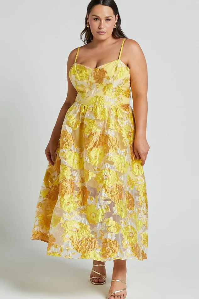 Brailey Midi Dress 8211 Aline Corset Detail Dress In Yellow Women Showpo Curve Clothes