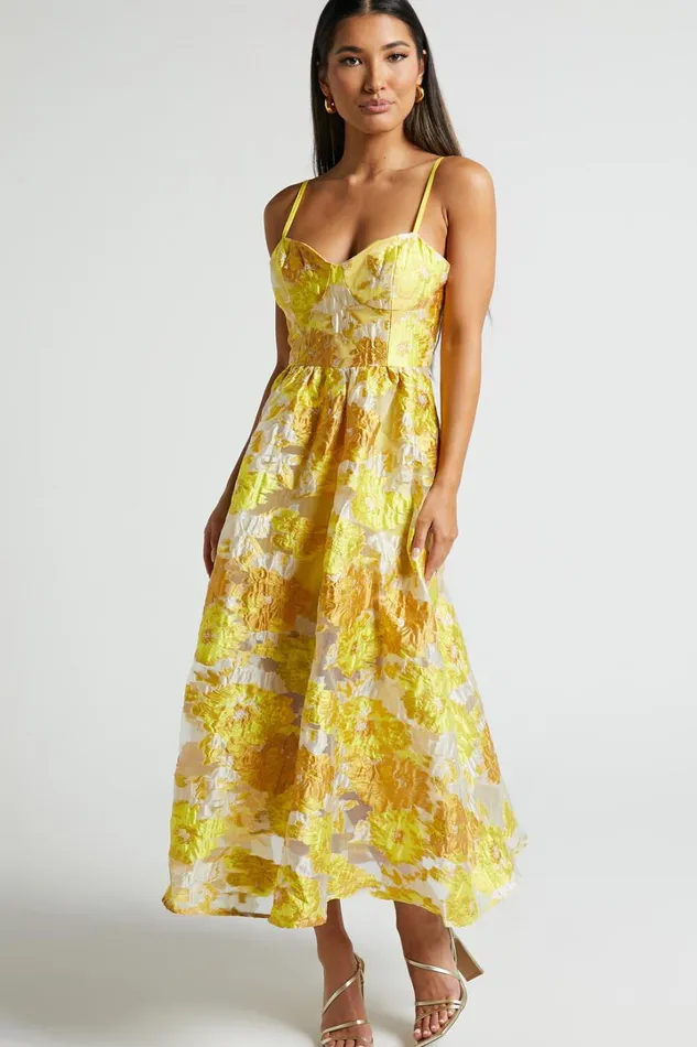 Brailey Midi Dress 8211 Aline Corset Detail Dress In Yellow Women Showpo Curve Clothes