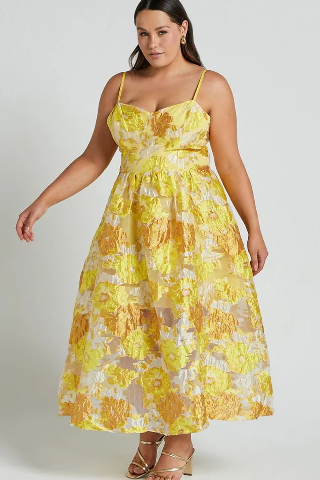 Brailey Midi Dress 8211 Aline Corset Detail Dress In Yellow Women Showpo Curve Clothes