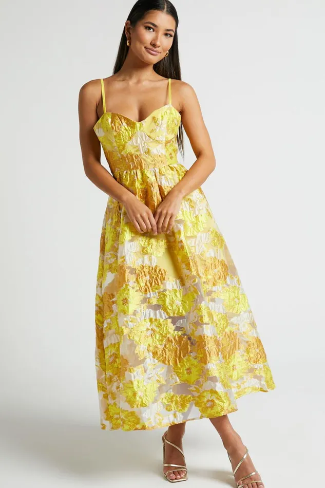 Brailey Midi Dress 8211 Aline Corset Detail Dress In Yellow Women Showpo Curve Clothes