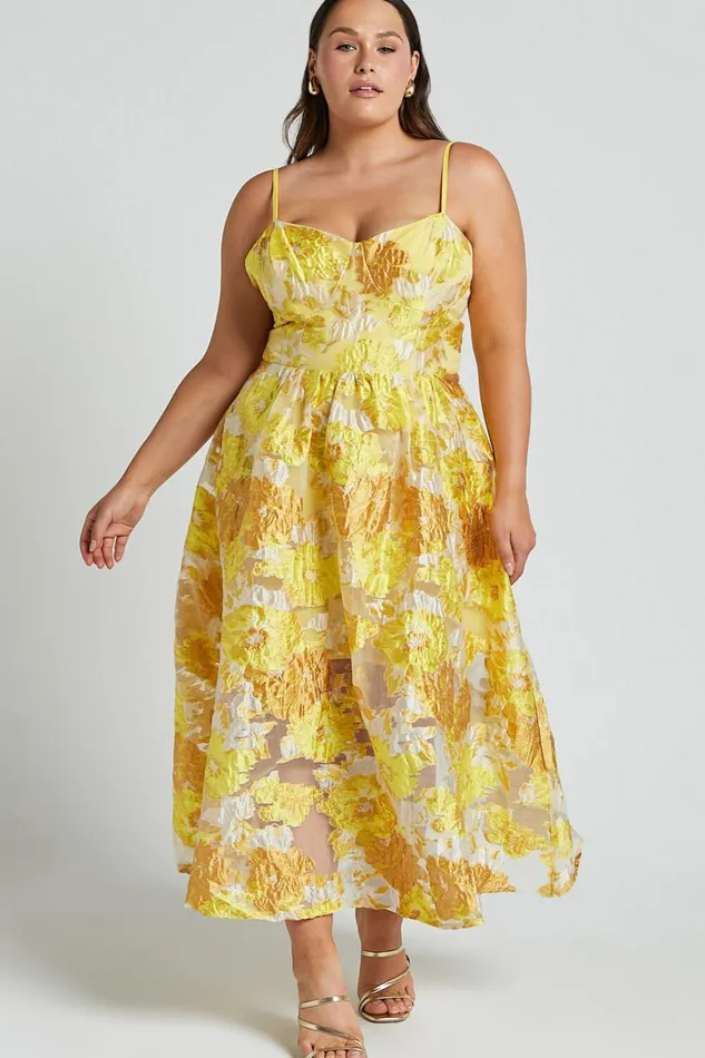 Brailey Midi Dress 8211 Aline Corset Detail Dress In Yellow Women Showpo Curve Clothes