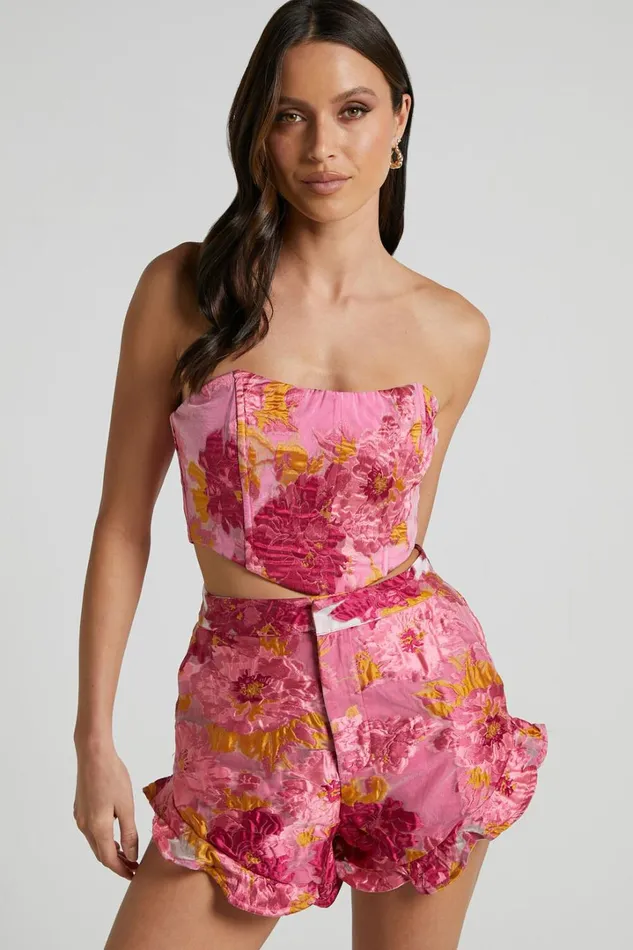 Brailey Shorts 8211 Frill Hem Shorts In Pink Jacquard Women Showpo Shorts
