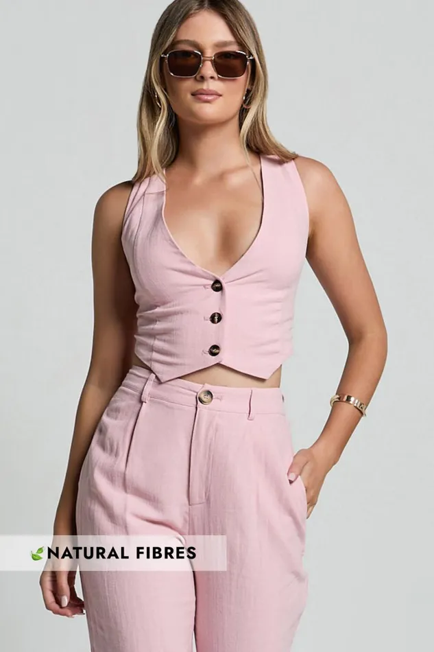 Bree Top 8211 Linen Look V Neck Button Up Cropped Vest In Light Pink Women Showpo Conscious Bree Top 8211 Linen Look V Neck Button Up Cropped Vest In Light Pink Women Showpo Conscious