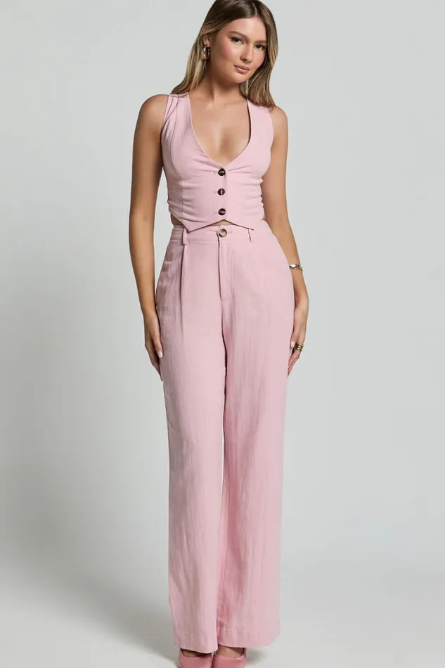 Bree Top 8211 Linen Look V Neck Button Up Cropped Vest In Light Pink Women Showpo Conscious