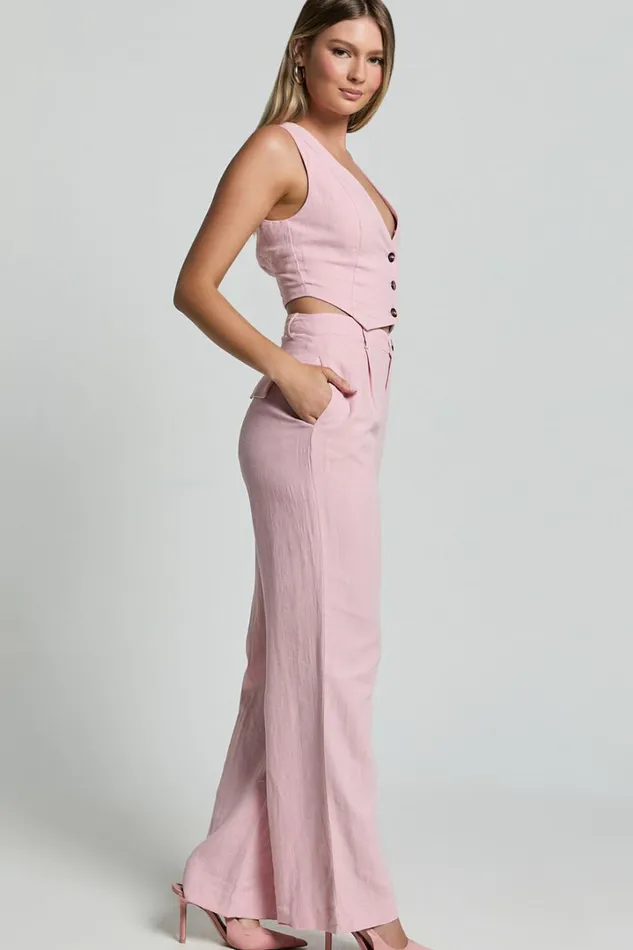 Bree Top 8211 Linen Look V Neck Button Up Cropped Vest In Light Pink Women Showpo Conscious