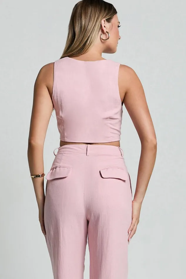 Bree Top 8211 Linen Look V Neck Button Up Cropped Vest In Light Pink Women Showpo Conscious