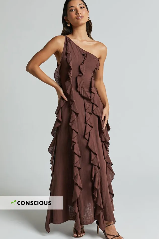 Britney Maxi Dress 8211 One Shoulder Ruffle Detail Dress In Chocolate Women Showpo Conscious Britney Maxi Dress 8211 One Shoulder Ruffle Detail Dress In Chocolate Women Showpo Conscious