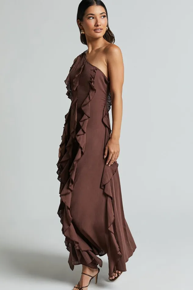 Britney Maxi Dress 8211 One Shoulder Ruffle Detail Dress In Chocolate Women Showpo Conscious