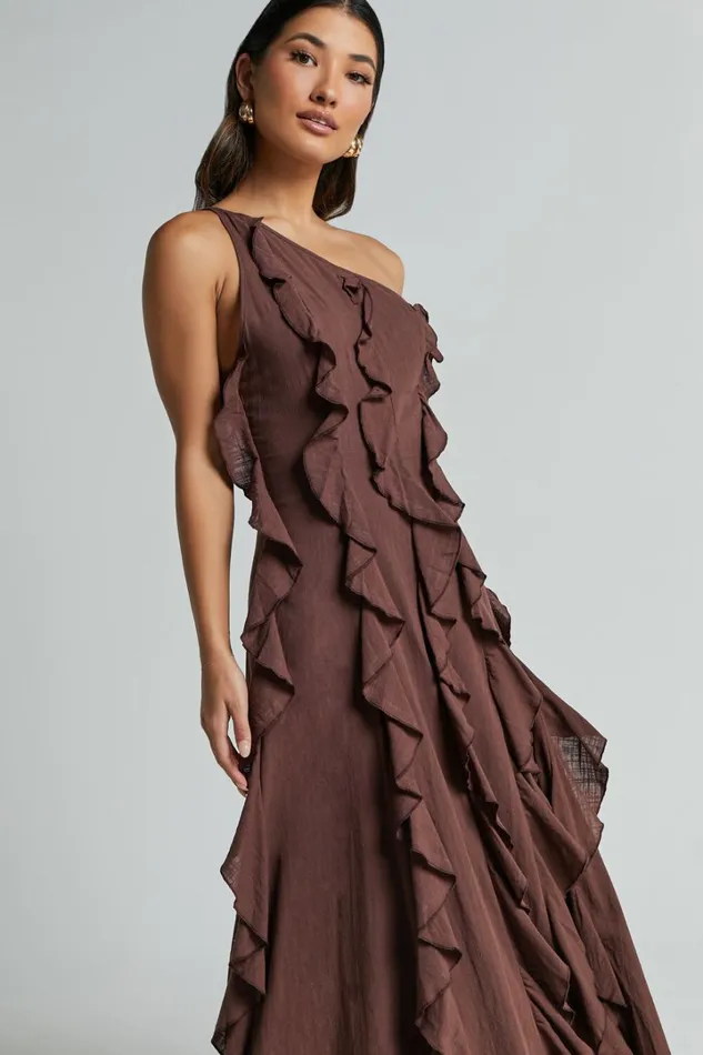Britney Maxi Dress 8211 One Shoulder Ruffle Detail Dress In Chocolate Women Showpo Conscious