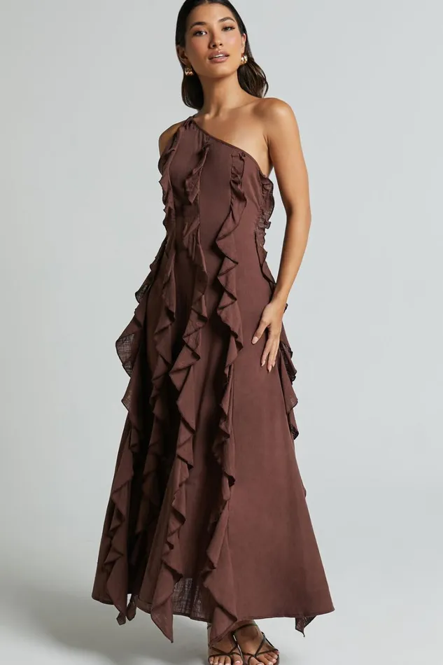 Britney Maxi Dress 8211 One Shoulder Ruffle Detail Dress In Chocolate Women Showpo Conscious