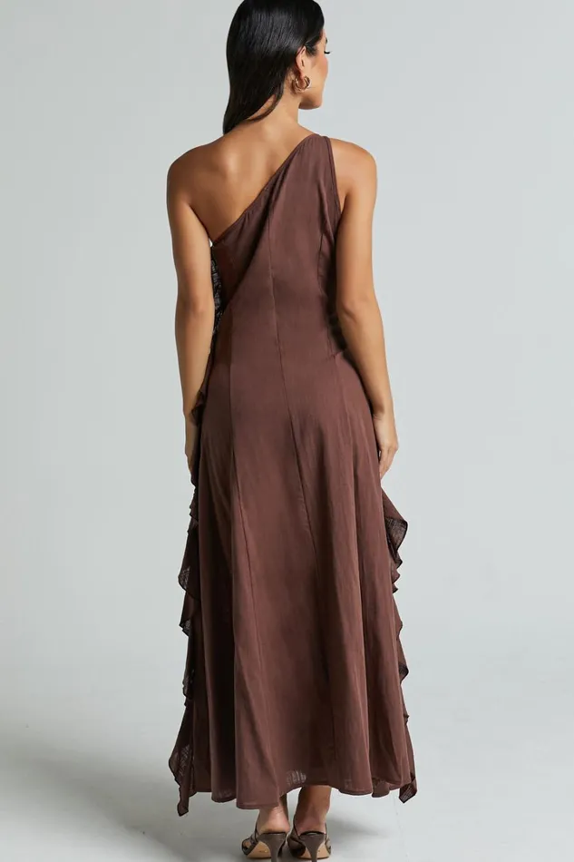 Britney Maxi Dress 8211 One Shoulder Ruffle Detail Dress In Chocolate Women Showpo Conscious