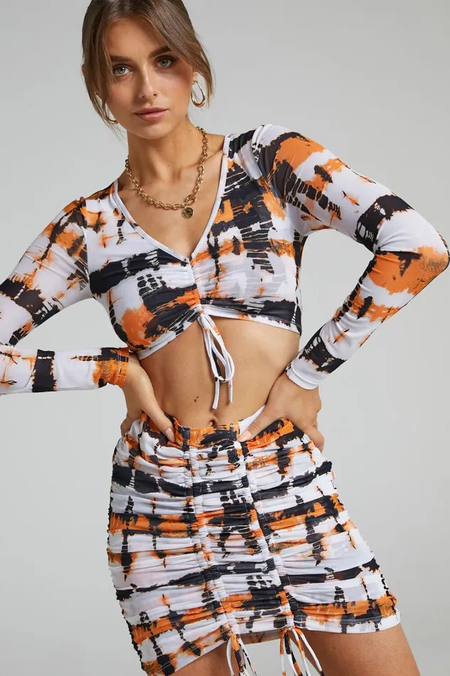 BY DYLN 8211 Odette Mini Skirt In Orange Printed Mesh Women Showpo Skirts