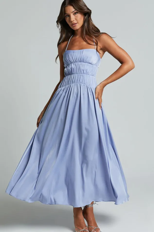 Callie Midi Dress 8211 Satin Gathered Bust Detail Dress In Blue Women Showpo Dresses