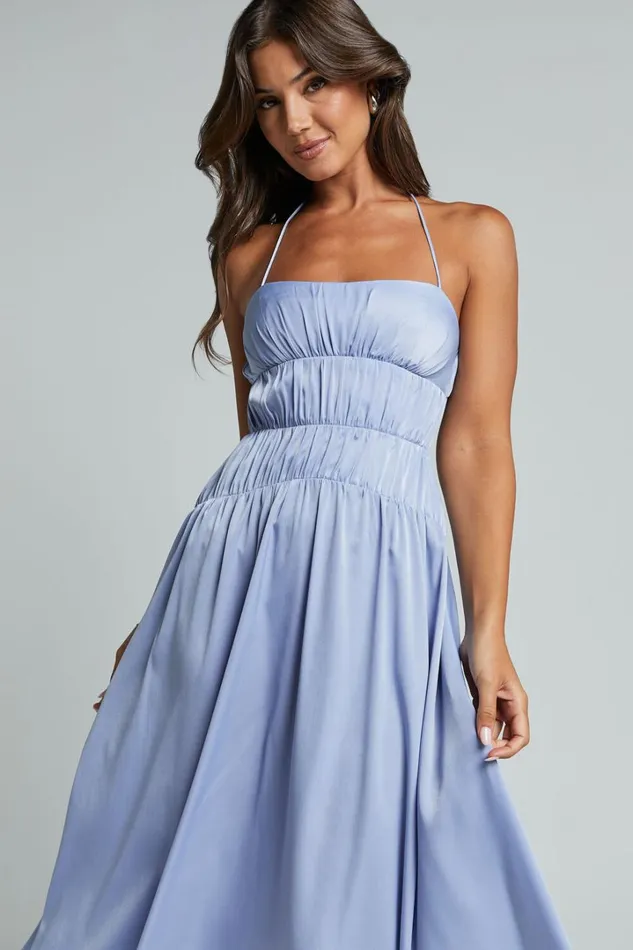 Callie Midi Dress 8211 Satin Gathered Bust Detail Dress In Blue Women Showpo Dresses