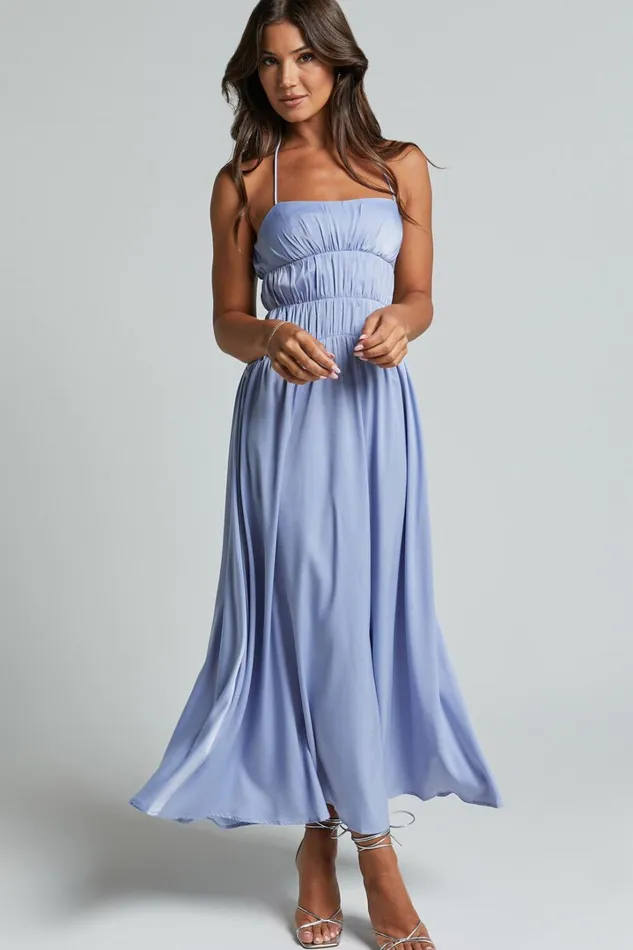 Callie Midi Dress 8211 Satin Gathered Bust Detail Dress In Blue Women Showpo Dresses