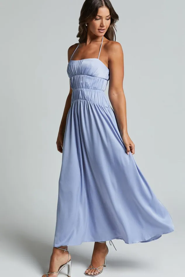 Callie Midi Dress 8211 Satin Gathered Bust Detail Dress In Blue Women Showpo Dresses