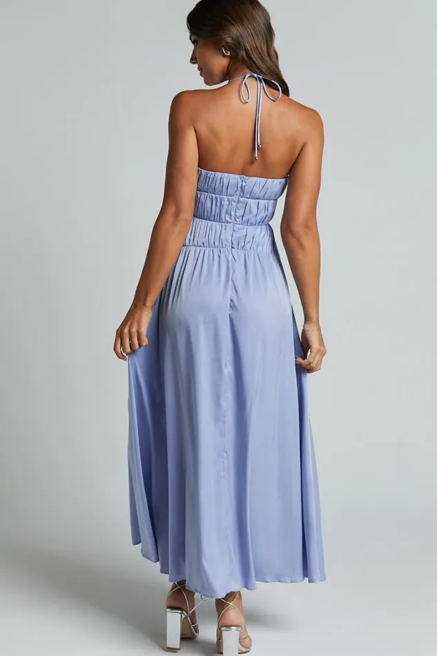 Callie Midi Dress 8211 Satin Gathered Bust Detail Dress In Blue Women Showpo Dresses