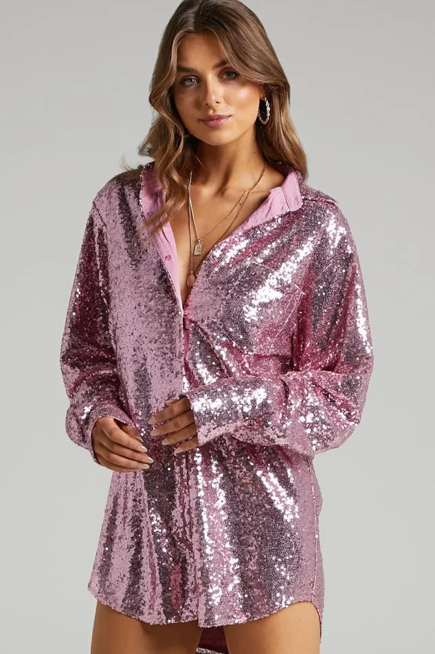 Cally Mini Dress 8211 Oversized Shirt Dress In Lilac Sequin Women Showpo Curve Clothes