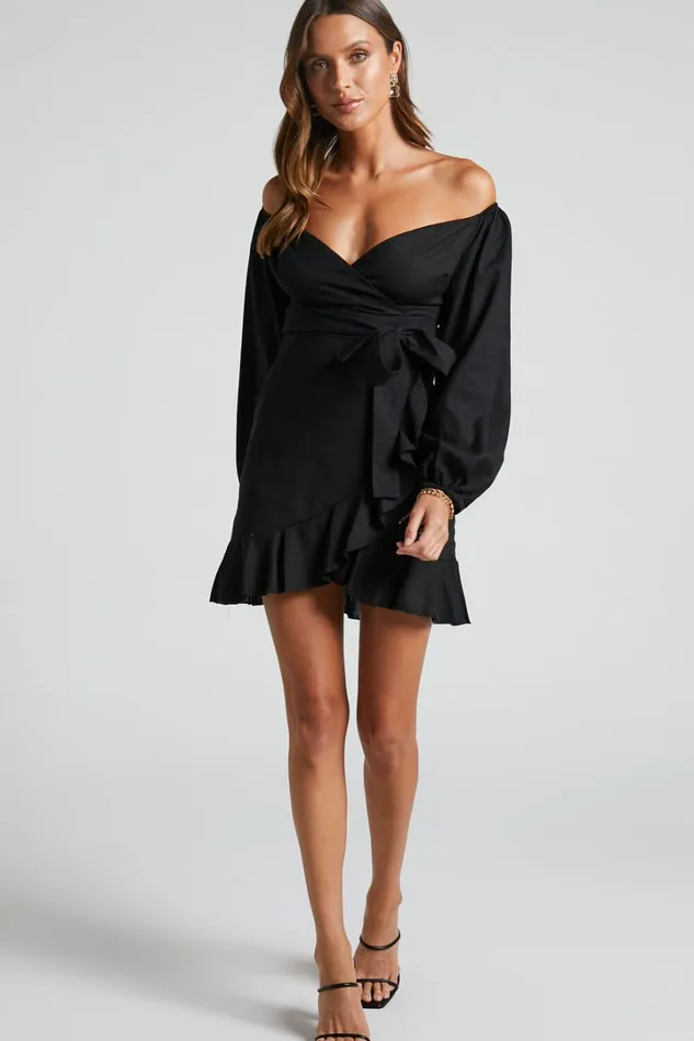 Can039t Move On Mini Dress 8211 Linen Look Off Shoulder Dress In Black Linen Look Women Showpo Curve Clothes