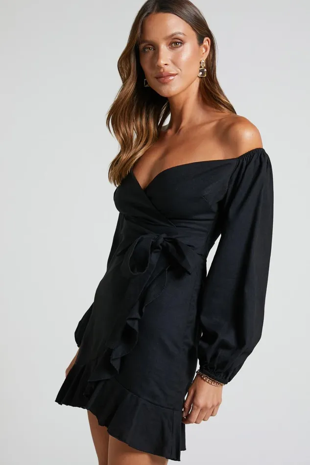 Can039t Move On Mini Dress 8211 Linen Look Off Shoulder Dress In Black Linen Look Women Showpo Curve Clothes