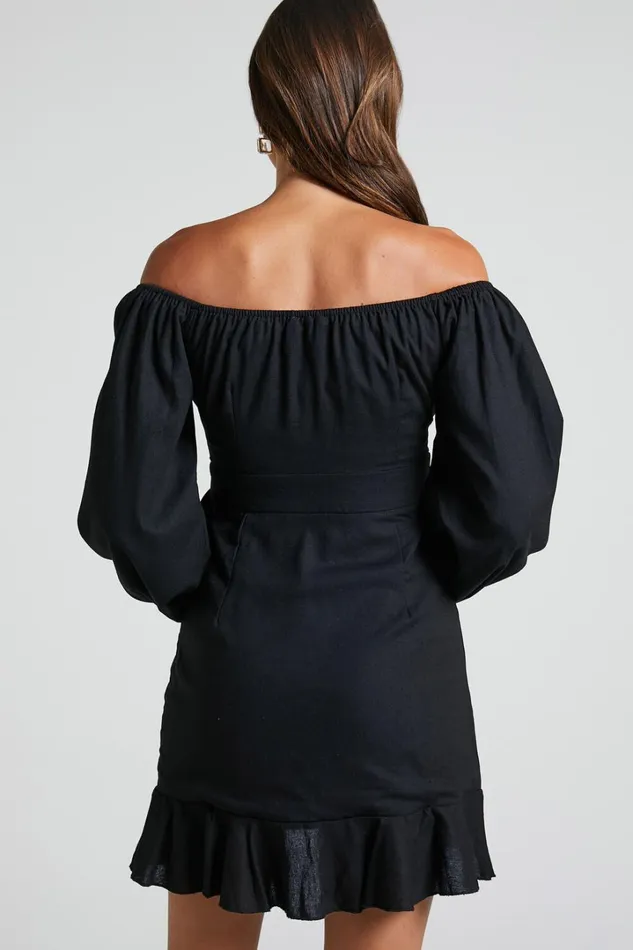 Can039t Move On Mini Dress 8211 Linen Look Off Shoulder Dress In Black Linen Look Women Showpo Curve Clothes