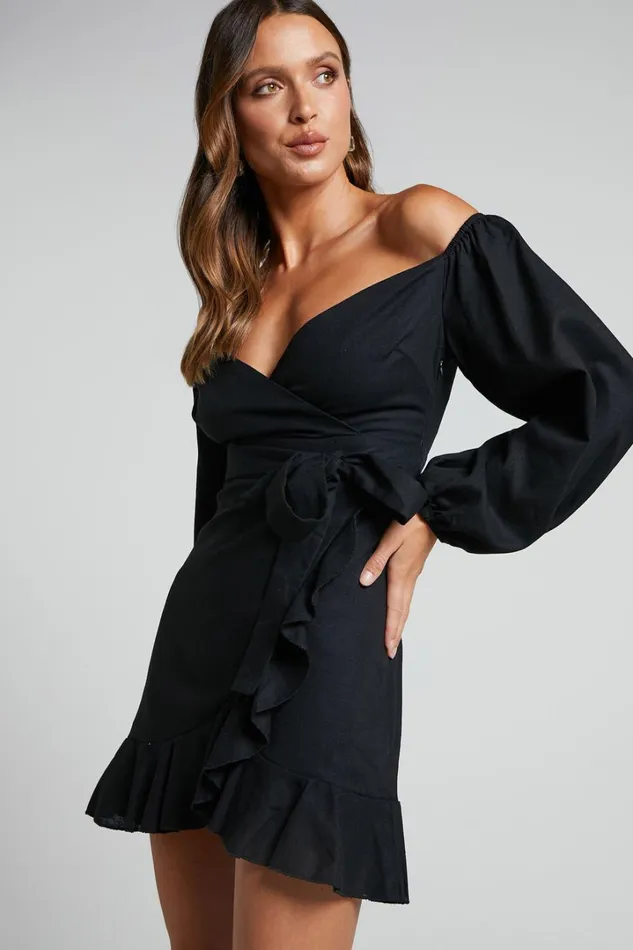 Can039t Move On Mini Dress 8211 Linen Look Off Shoulder Dress In Black Linen Look Women Showpo Curve Clothes