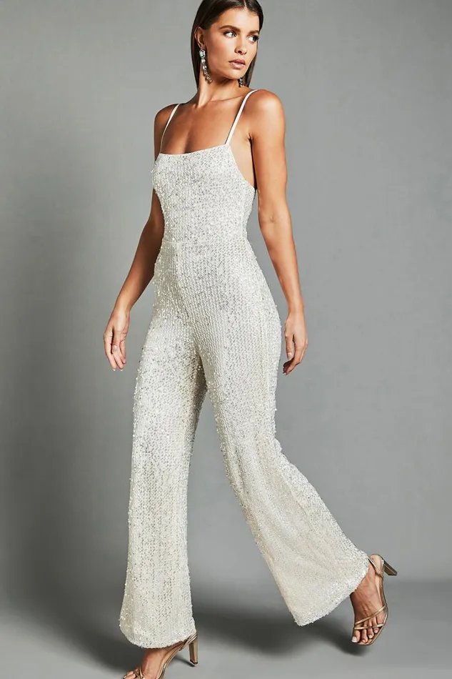 Carlie Jumpsuit 8211 Straight Neck Strappy Sequin In Champagne Women Showpo Jumpsuits