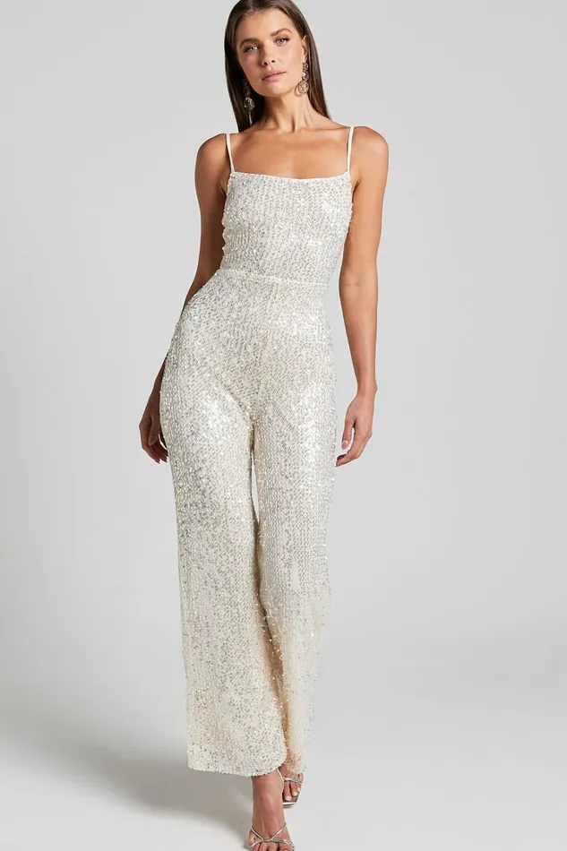 Carlie Jumpsuit 8211 Straight Neck Strappy Sequin In Champagne Women Showpo Jumpsuits