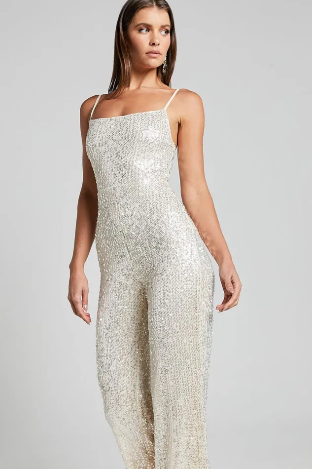 Carlie Jumpsuit 8211 Straight Neck Strappy Sequin In Champagne Women Showpo Jumpsuits
