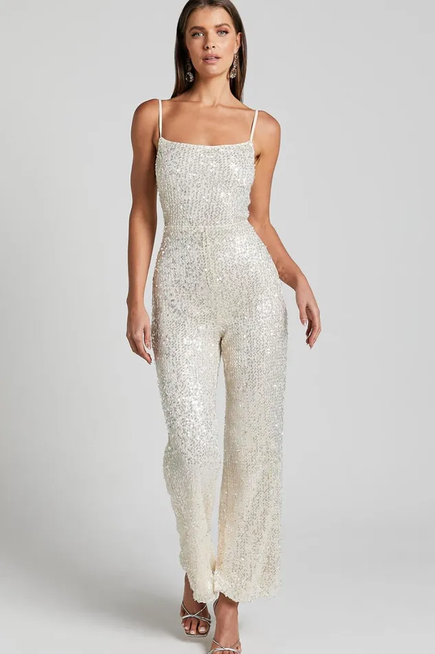 Carlie Jumpsuit 8211 Straight Neck Strappy Sequin In Champagne Women Showpo Jumpsuits