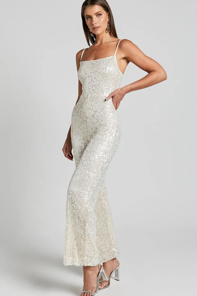 Carlie Jumpsuit 8211 Straight Neck Strappy Sequin In Champagne Women Showpo Jumpsuits