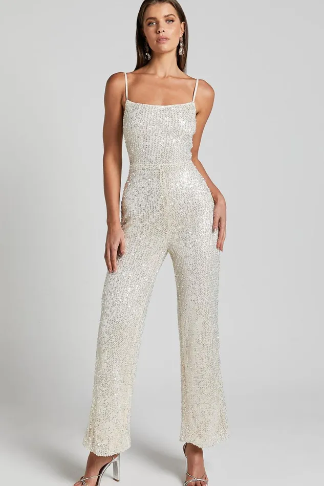 Carlie Jumpsuit 8211 Straight Neck Strappy Sequin In Champagne Women Showpo Jumpsuits
