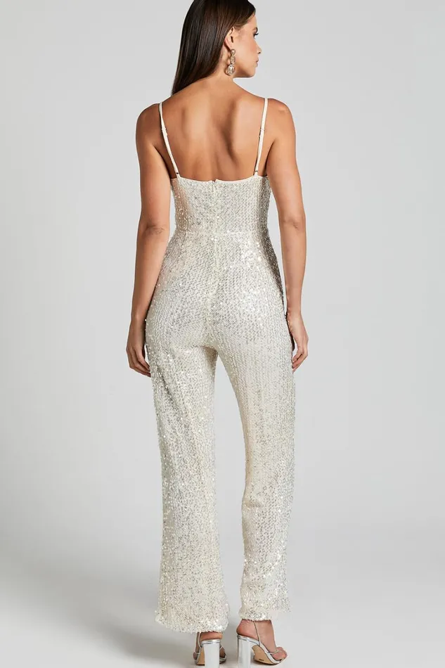Carlie Jumpsuit 8211 Straight Neck Strappy Sequin In Champagne Women Showpo Jumpsuits