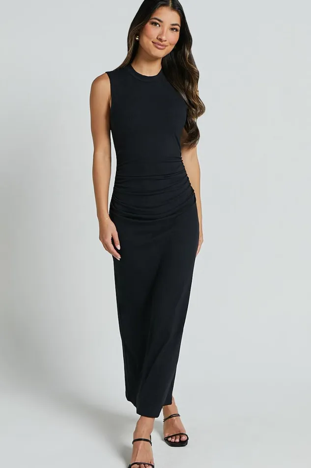 Carly Midi Dress 8211 High Neck Ruched Dress In Black Women Showpo Dresses