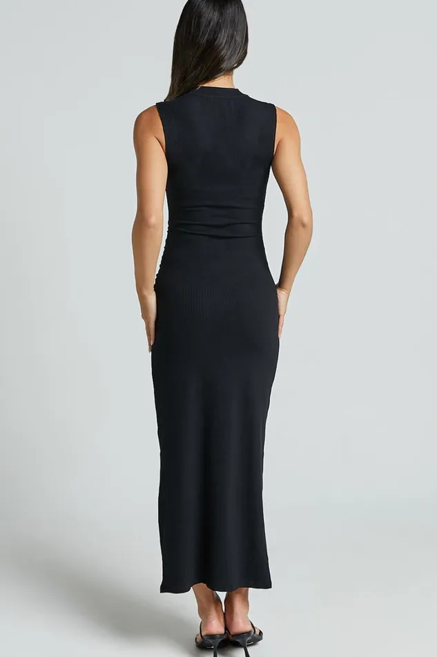 Carly Midi Dress 8211 High Neck Ruched Dress In Black Women Showpo Dresses