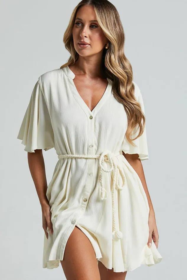 Cathe Mini Dress 8211 V Neck Button Through Short Flutter Sleeve Tie Waist In Off White Women Showpo Curve Clothes Cathe Mini Dress 8211 V Neck Button Through Short Flutter Sleeve Tie Waist In Off White Women Showpo Curve Clothes