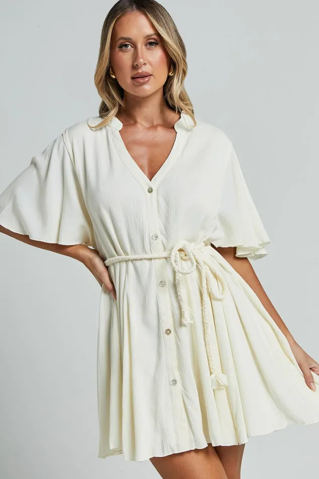 Cathe Mini Dress 8211 V Neck Button Through Short Flutter Sleeve Tie Waist In Off White Women Showpo Curve Clothes