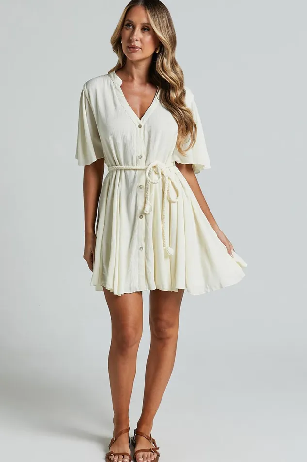 Cathe Mini Dress 8211 V Neck Button Through Short Flutter Sleeve Tie Waist In Off White Women Showpo Curve Clothes