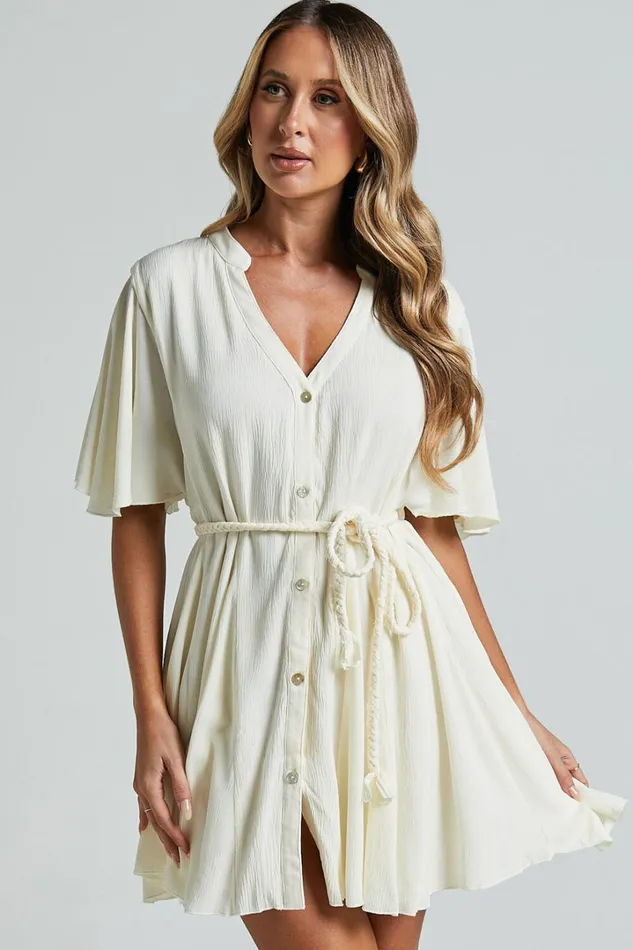 Cathe Mini Dress 8211 V Neck Button Through Short Flutter Sleeve Tie Waist In Off White Women Showpo Curve Clothes