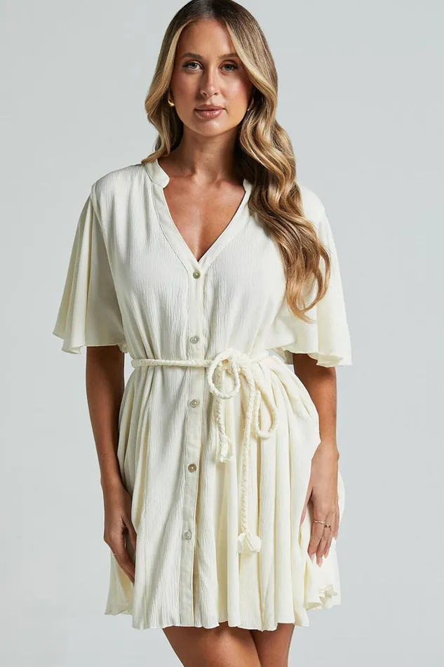 Cathe Mini Dress 8211 V Neck Button Through Short Flutter Sleeve Tie Waist In Off White Women Showpo Curve Clothes