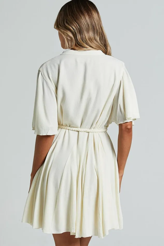 Cathe Mini Dress 8211 V Neck Button Through Short Flutter Sleeve Tie Waist In Off White Women Showpo Curve Clothes
