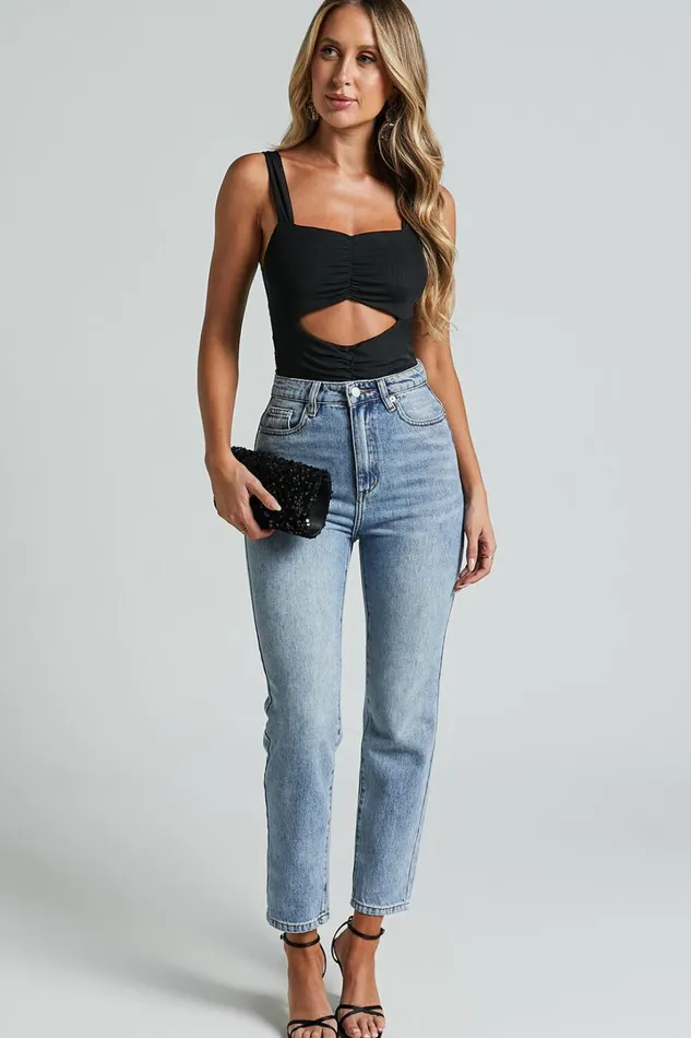 Cecely Bodysuit 8211 Cut Out Ruched Mesh Bodysuit In Black Women Showpo Tops