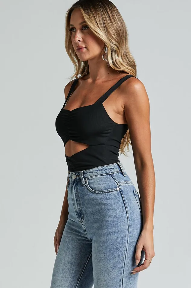 Cecely Bodysuit 8211 Cut Out Ruched Mesh Bodysuit In Black Women Showpo Tops