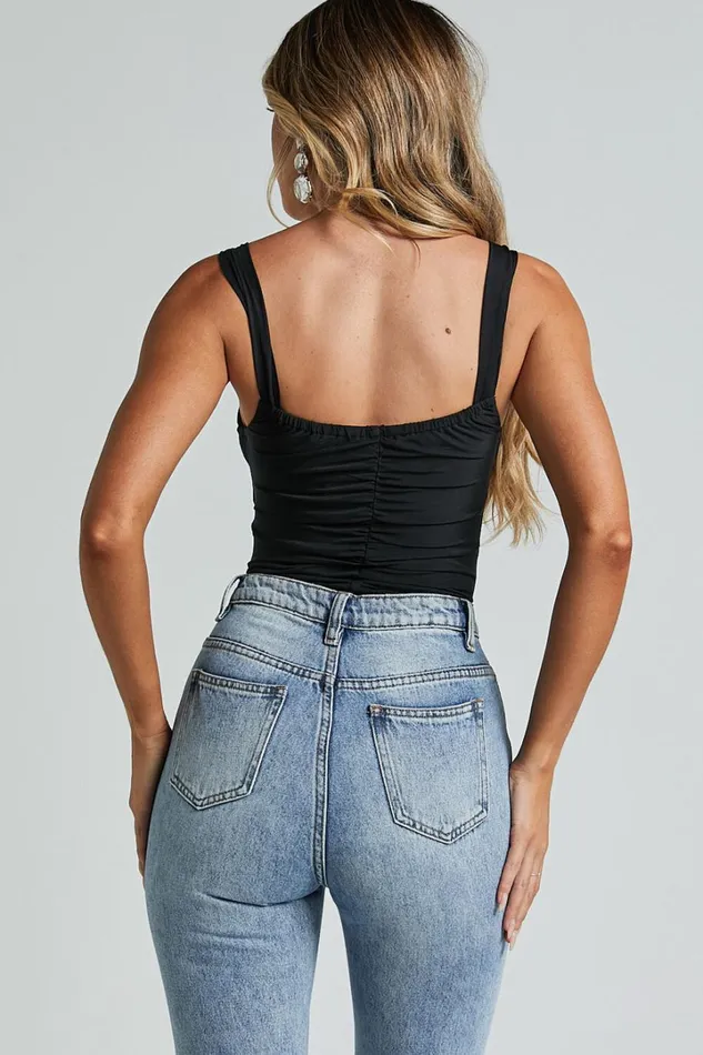 Cecely Bodysuit 8211 Cut Out Ruched Mesh Bodysuit In Black Women Showpo Tops
