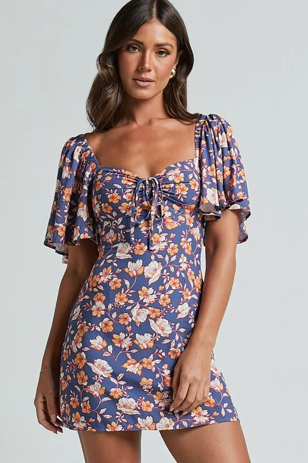 Ceriana Mini Dress 8211 Flutter Sleeve Gathered Chest Dress In Navy Floral Women Showpo Dresses Ceriana Mini Dress 8211 Flutter Sleeve Gathered Chest Dress In Navy Floral Women Showpo Dresses