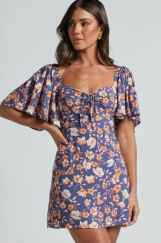 Ceriana Mini Dress 8211 Flutter Sleeve Gathered Chest Dress In Navy Floral Women Showpo Dresses