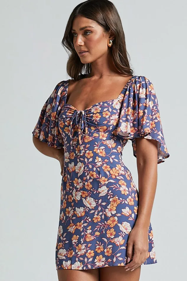 Ceriana Mini Dress 8211 Flutter Sleeve Gathered Chest Dress In Navy Floral Women Showpo Dresses