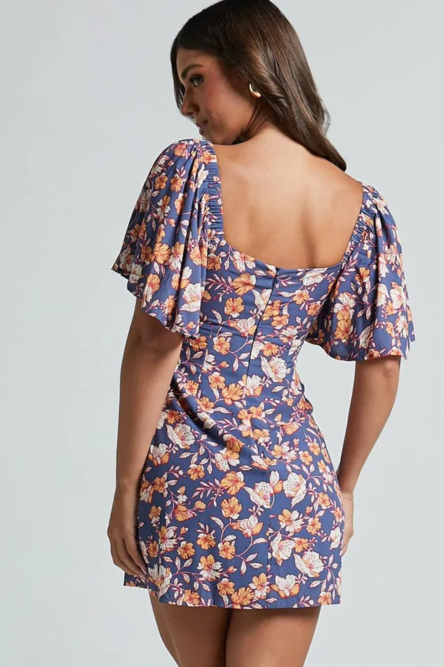 Ceriana Mini Dress 8211 Flutter Sleeve Gathered Chest Dress In Navy Floral Women Showpo Dresses